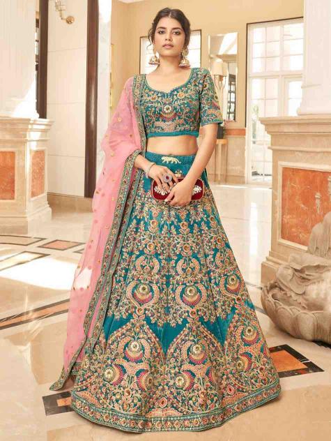 Zeel Cultural vol 2 Organza Bottle Teal velvet Affordable lehenga choli wholesaler in Rajkot